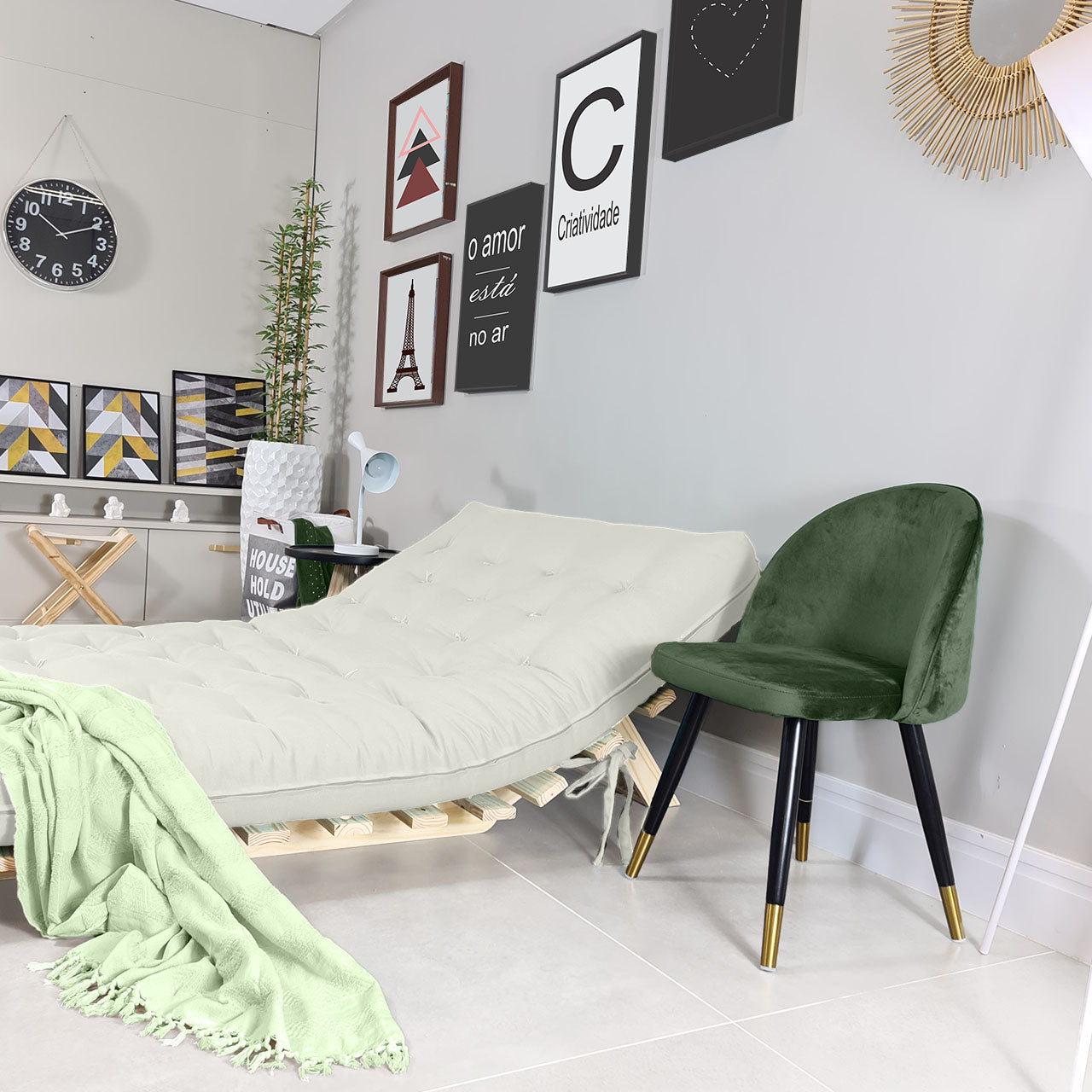 Sofa Cama Casal Futon Oriental  Madeira Maciça Acquablock Branco Off