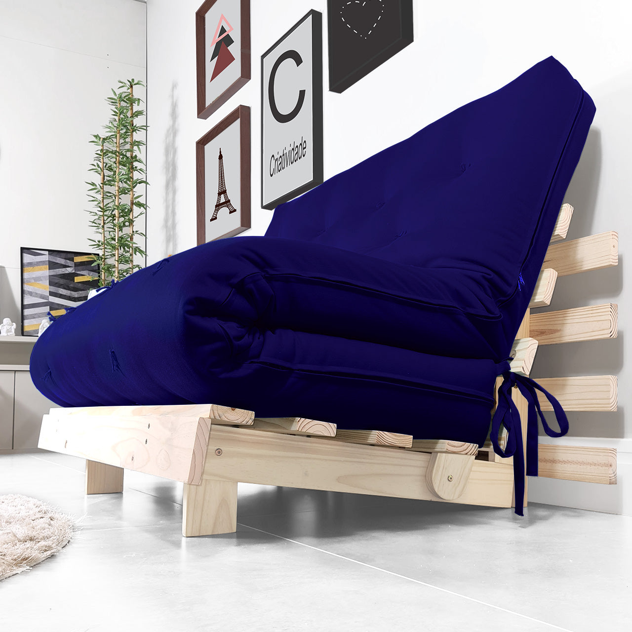Sofa Cama Futon Casal Tokio Madeira Maciça Acquablock Azul Royal