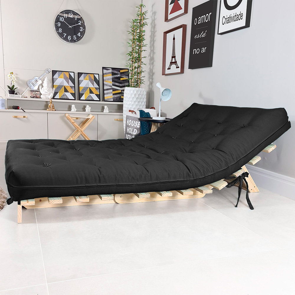 Sofa Cama Futon Casal Tokio Madeira Maciça Sarja Preto