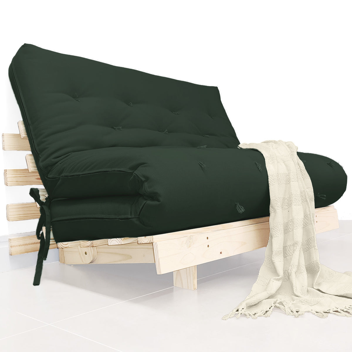 Sofá Cama Casal Futon Tokio D33 Madeira Pinus Natural - Verde Militar