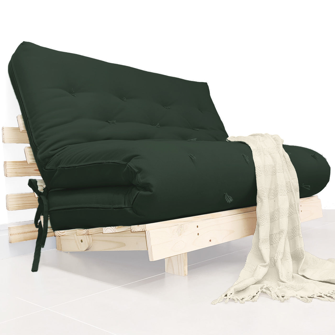 Sofá Cama Casal Futon Tokio D33 Madeira Pinus Natural - Verde Militar