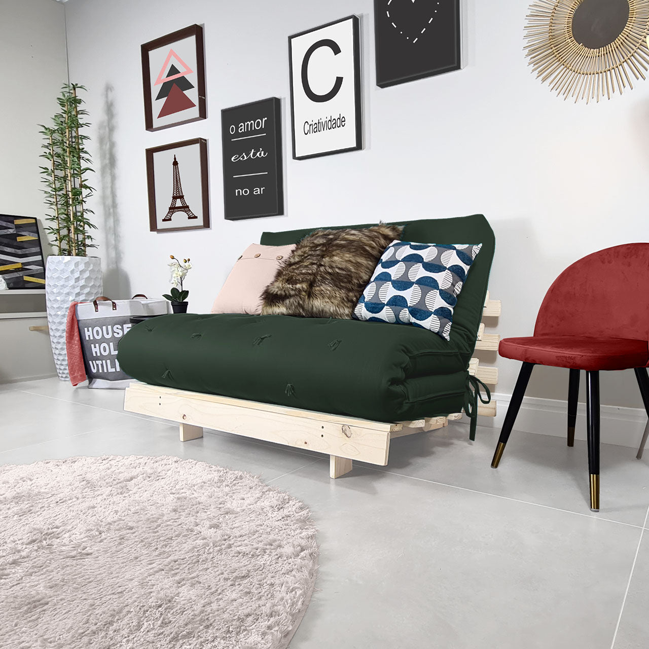 Sofá Cama Casal Futon Tokio D33 Madeira Pinus Natural - Verde Militar