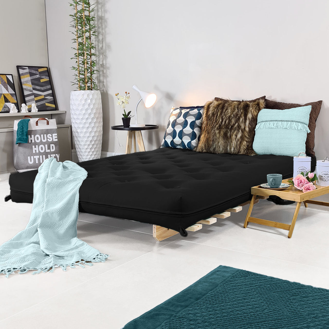 Sofa Cama Casal Futon Oriental D33 Com Madeira Maciça - Preto