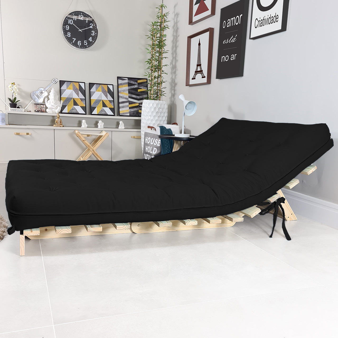 Sofa Cama Futon Casal Tokio Madeira Maciça Acquablock Preto