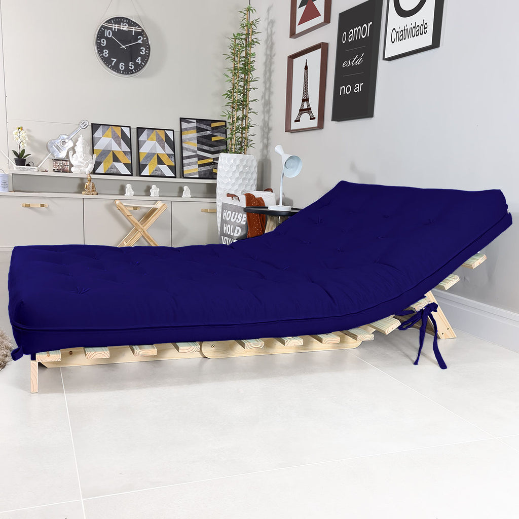 Sofa Cama Futon Casal Tokio Madeira Maciça Acquablock Azul Royal