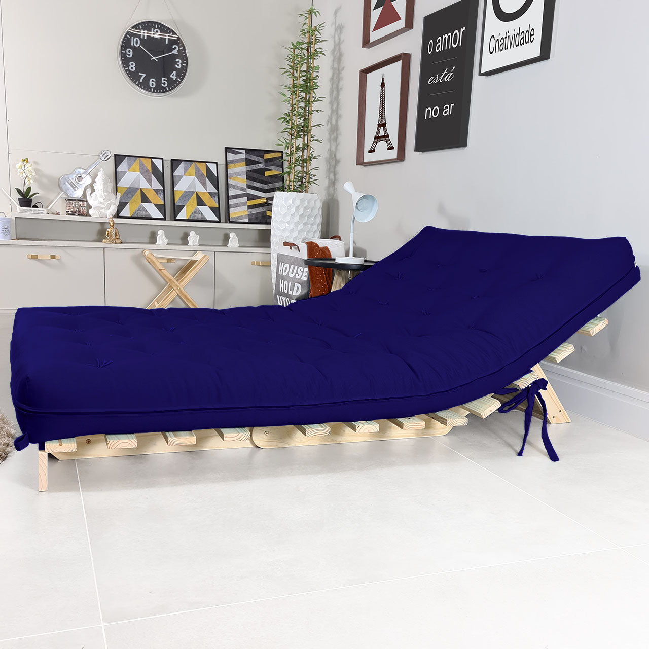 Sofa Cama Futon Casal Tokio Madeira Maciça Acquablock Azul Royal