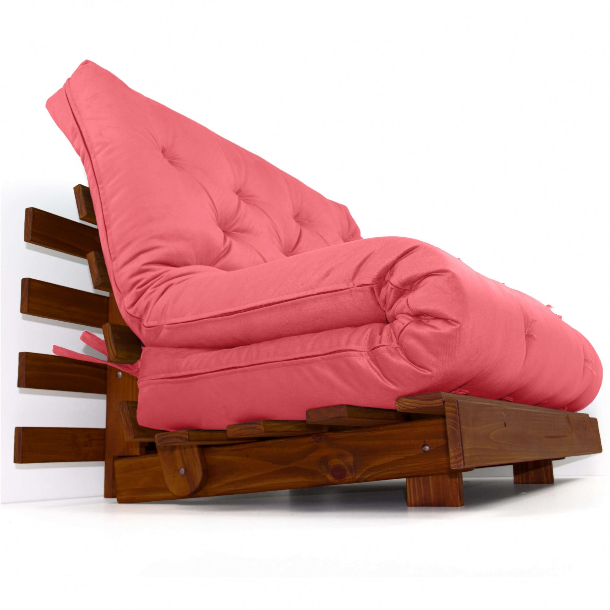 Sofá Cama Casal Futon Tokio Madeira Cor Imbuia Sarja Goiaba