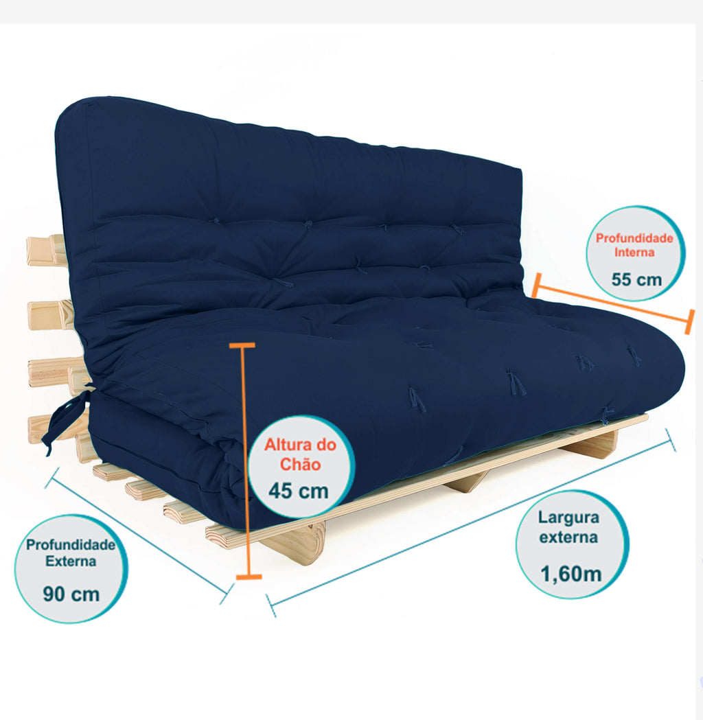 Sofa Cama Futon Oriental King D33 Madeira Pinus Acquablock Azul Royal