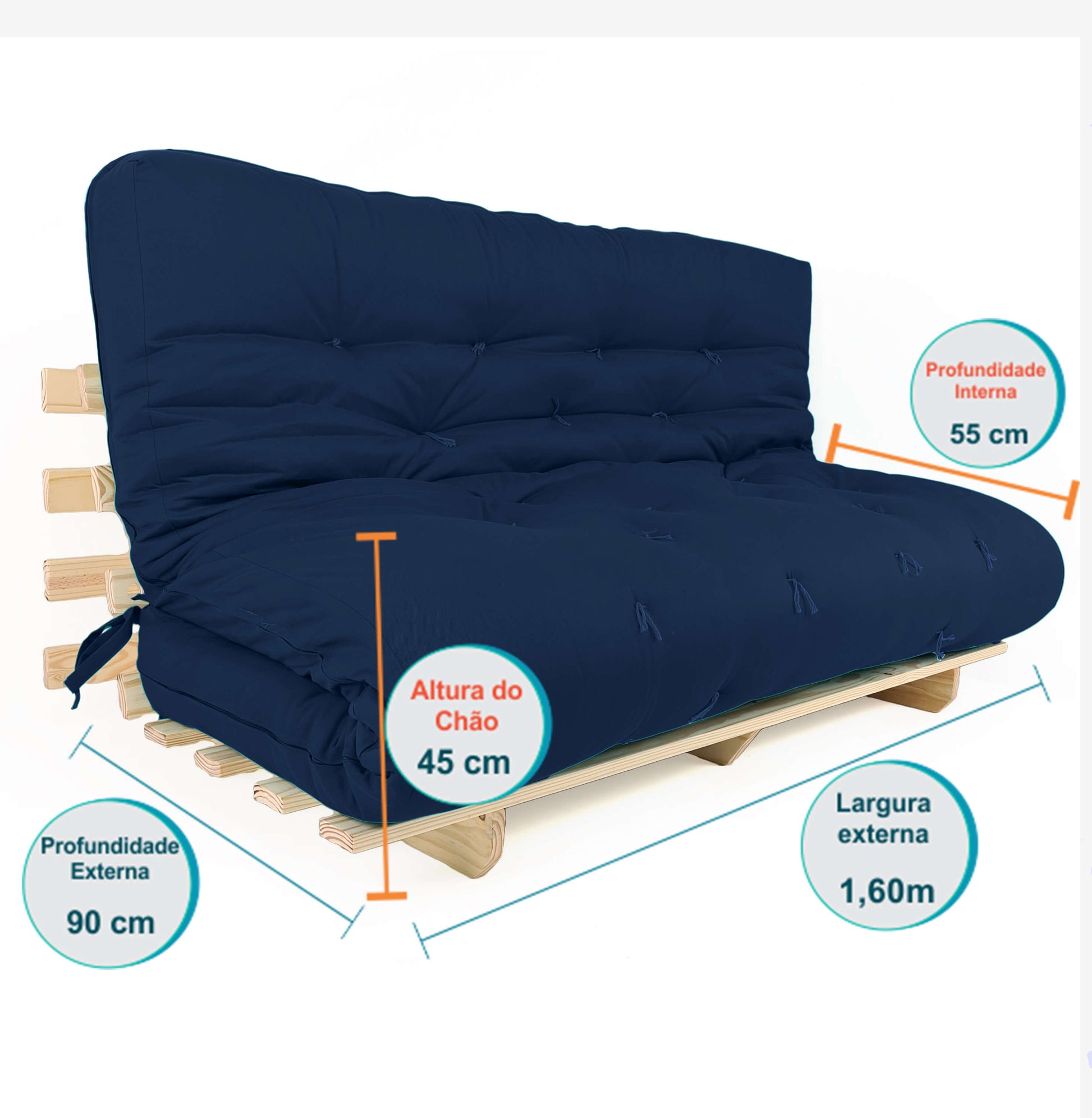 Sofa Cama Futon Oriental King D33 Madeira Pinus Acquablock Azul Royal