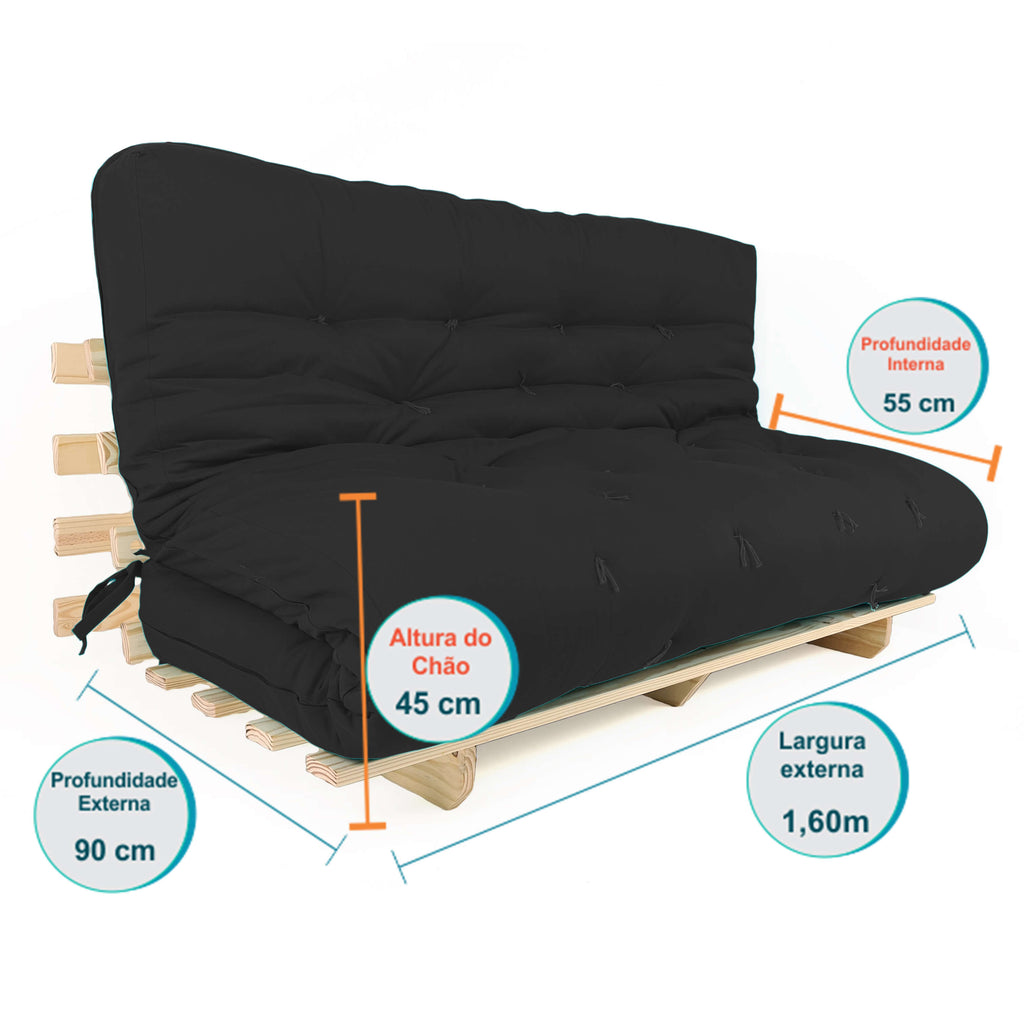Sofa Cama Futon Oriental King D33 Madeira Pinus Acquablock Preto