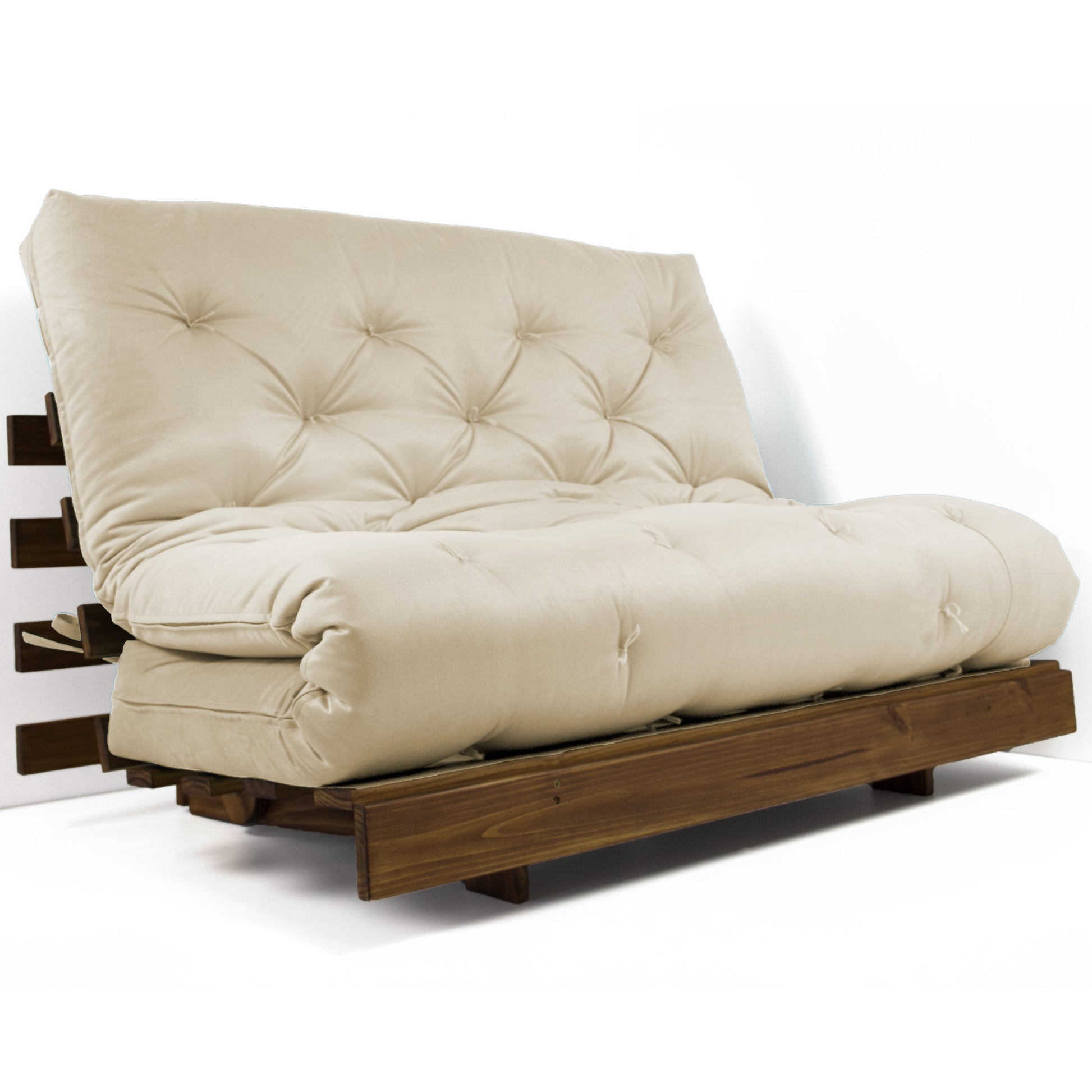 Sofá Cama Casal Futon Tokio D33 Madeira Maciça Cor Imbuia - Bege Claro