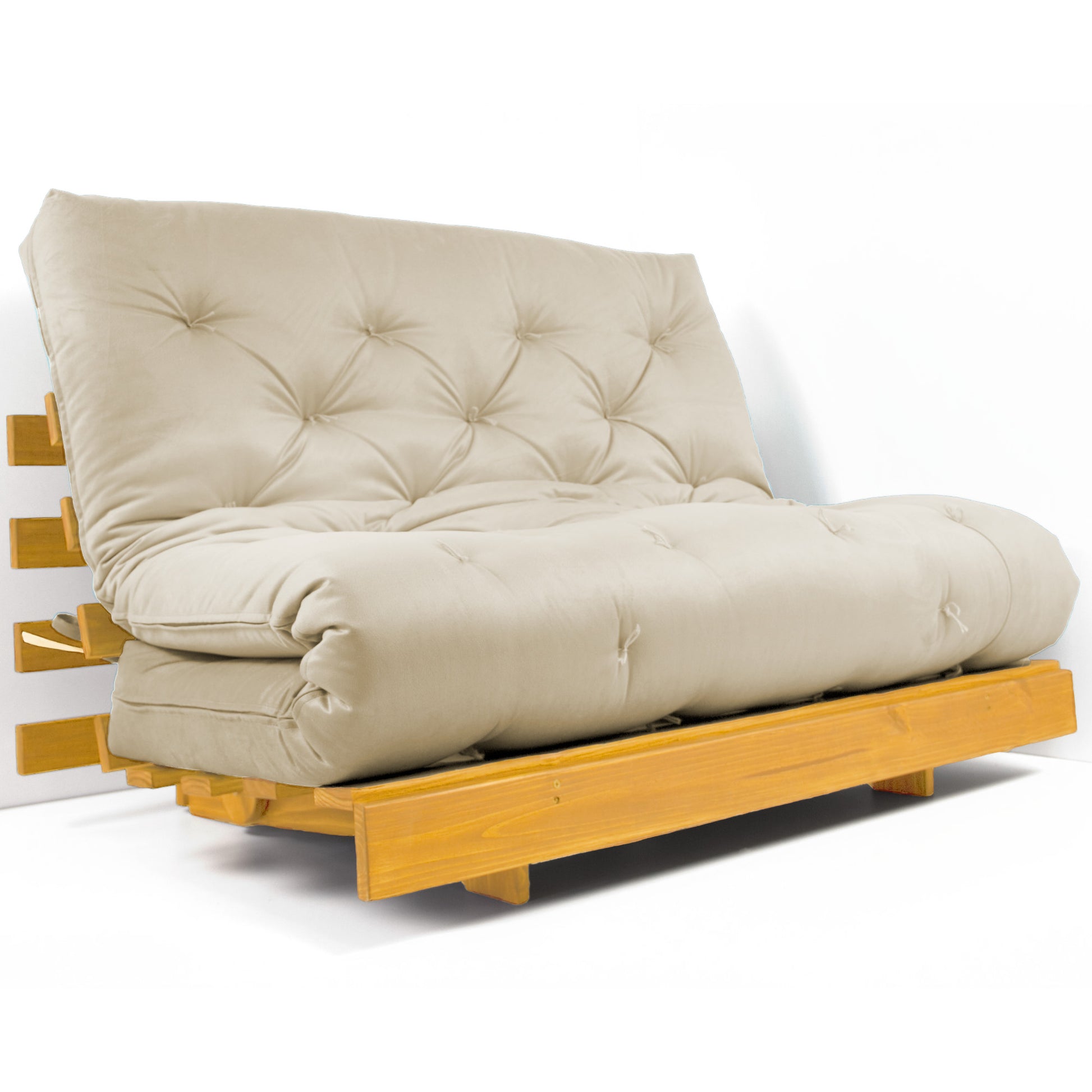 Sofá Cama Casal Futon Tokio Madeira Cor Mel Sarja Bege