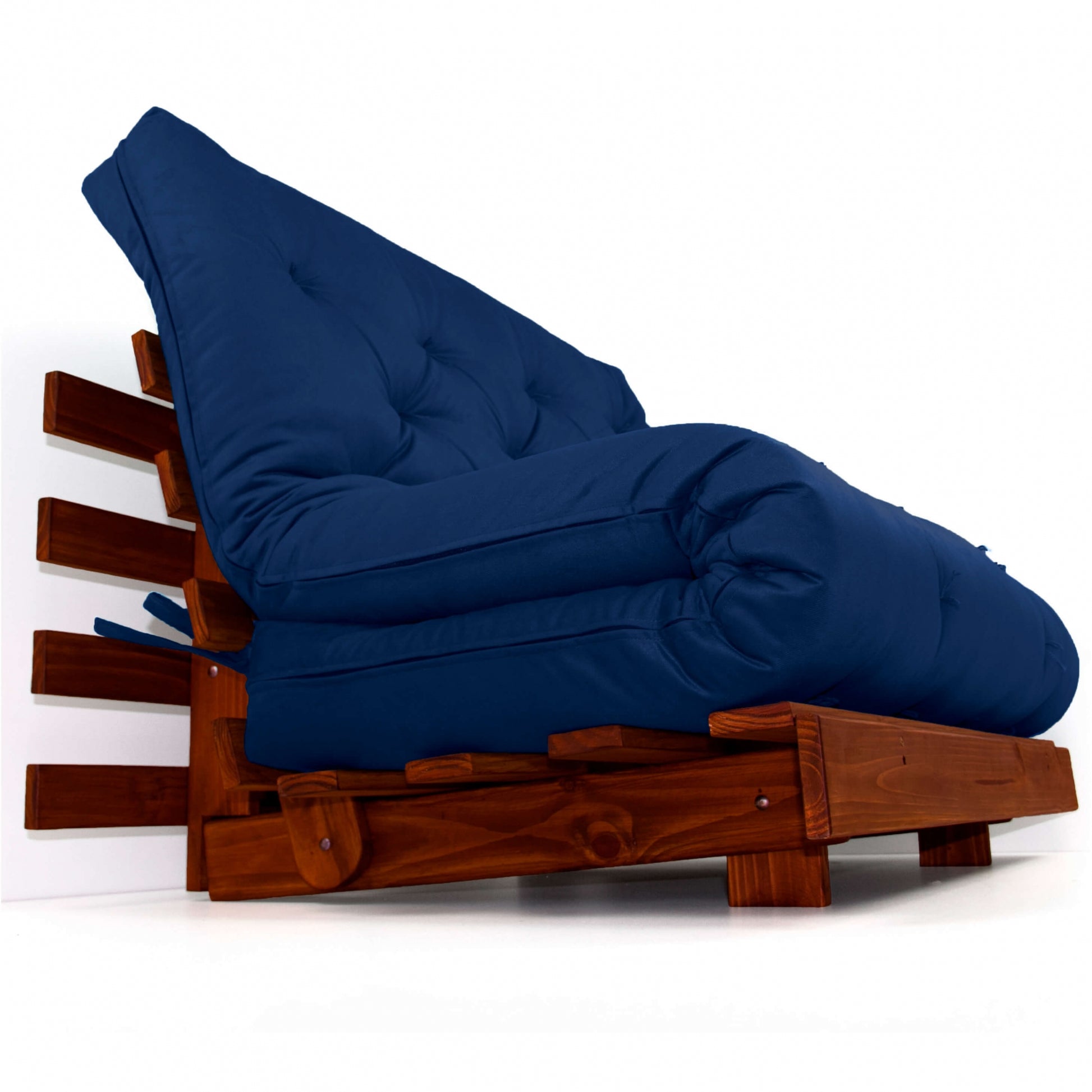 Sofá Cama Casal Futon Tokio Madeira Cor Imbuia Acquablock Azul Royal
