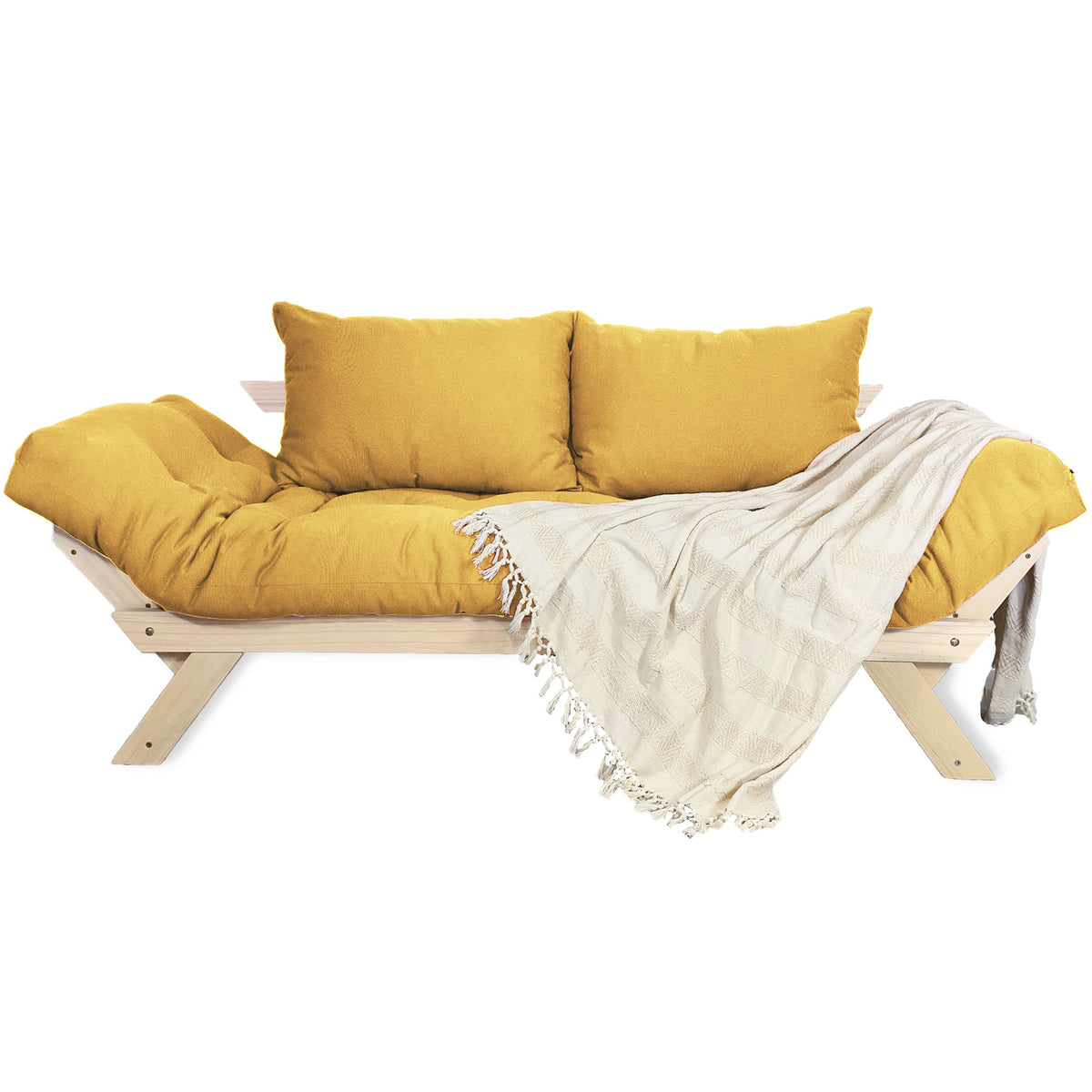 Sofá Cama Reclinável Futon Japão - Madeira Sem Pintura Tecido Acquablock Cor Amarelo