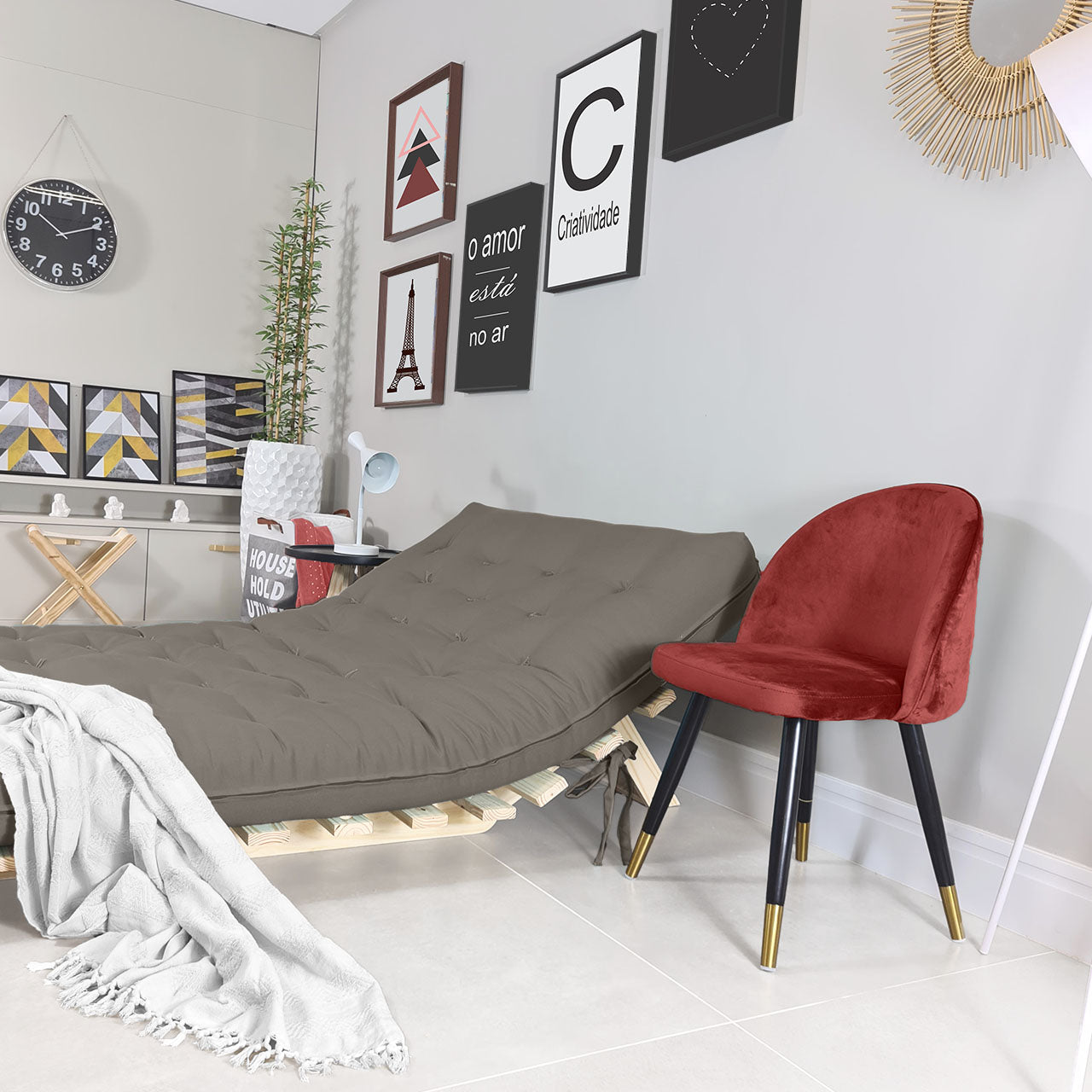 Sofá Cama Casal Futon Tokio D33 Madeira Pinus Natural - Cinza