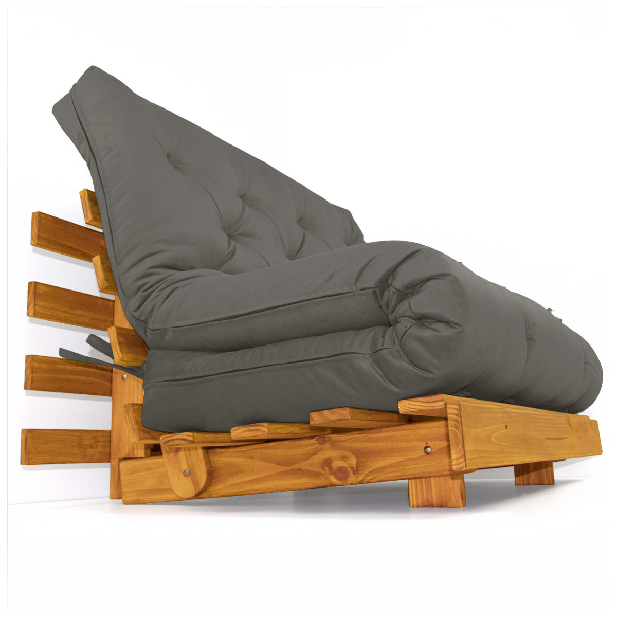 Sofá Cama Casal Futon Tokio D33 Madeira Cor Mel Sarja Cinza