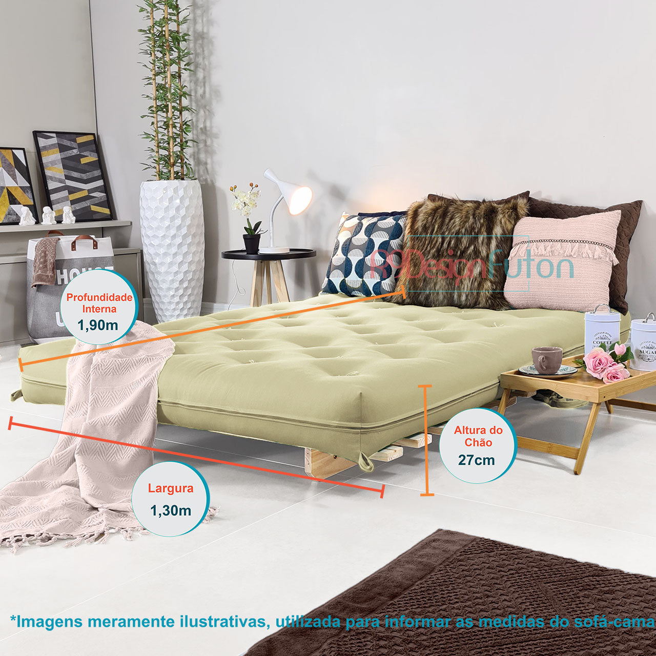 Sofa Cama Casal Futon Oriental D33 Com Madeira Maciça - Bege Claro