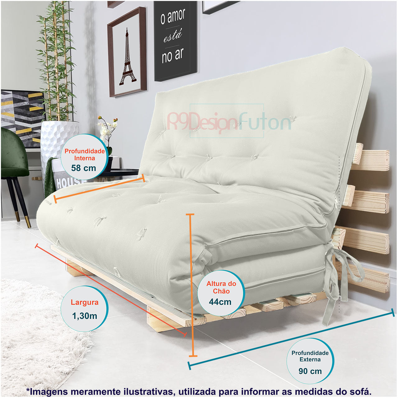 Sofa Cama Casal Futon Oriental  Madeira Maciça Acquablock Branco Off