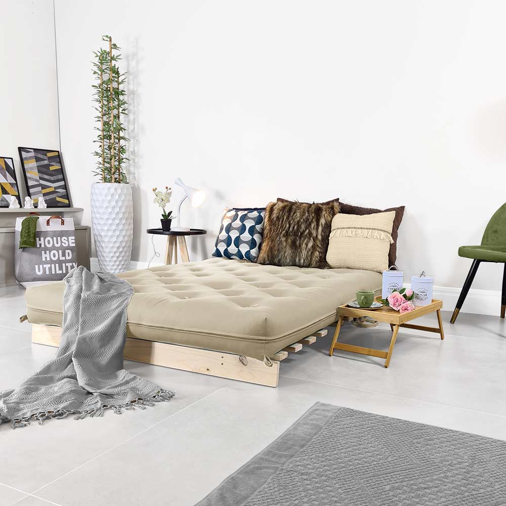 Sofa Cama Futon Casal Tokio Madeira Maciça Sarja Bege