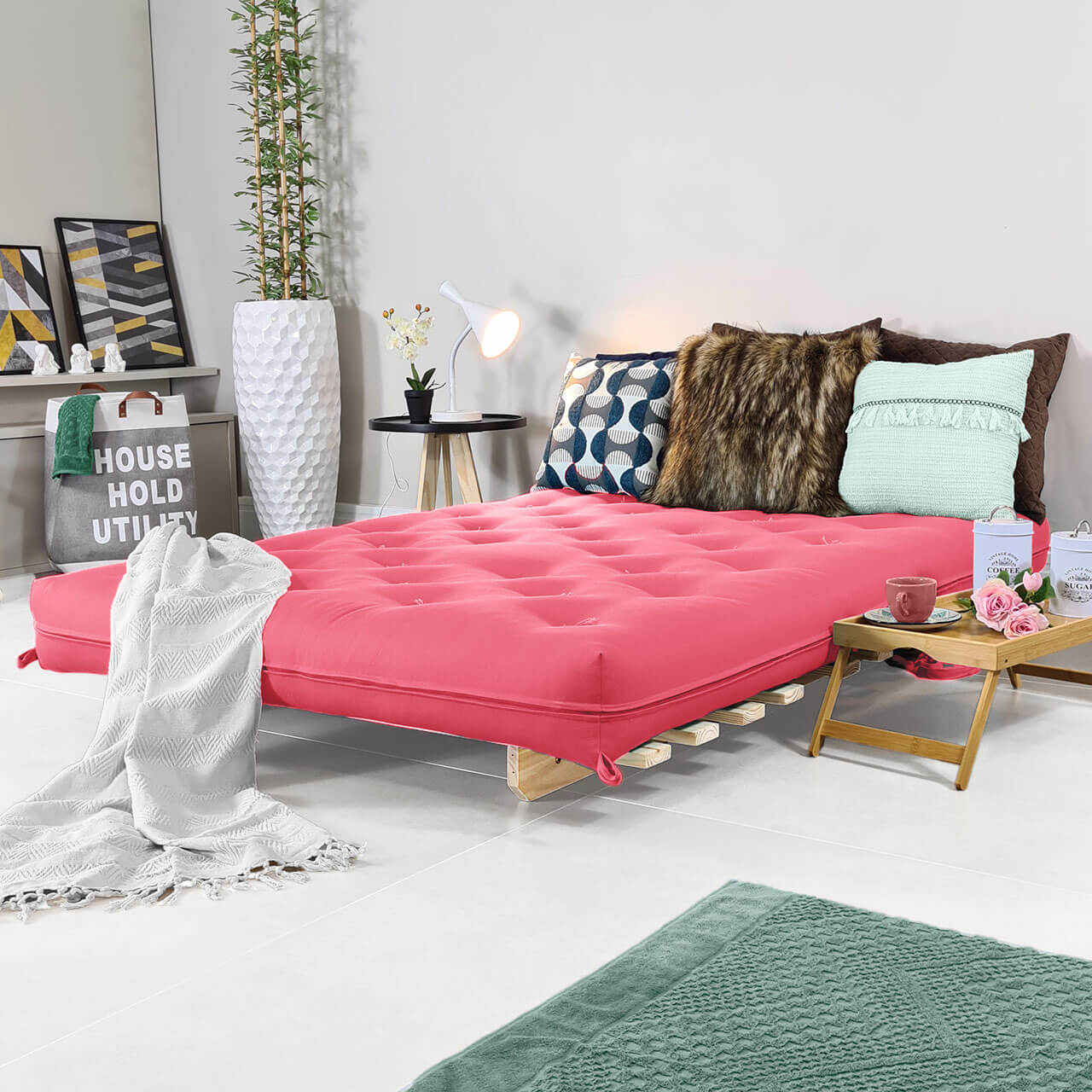 Sofa Cama Casal Futon Oriental Madeira Maciça Sarja Goiaba
