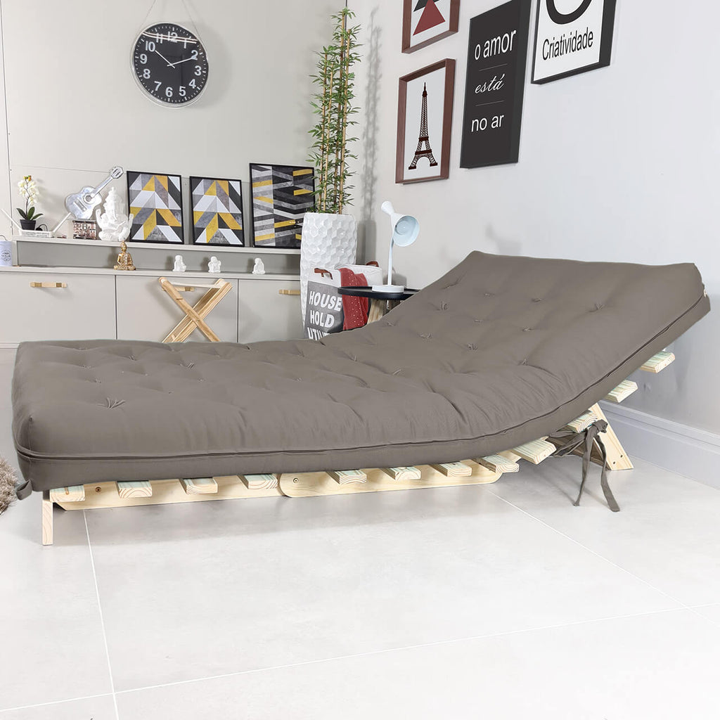 Sofa Cama Casal Futon Oriental Madeira Maciça Sarja Cinza