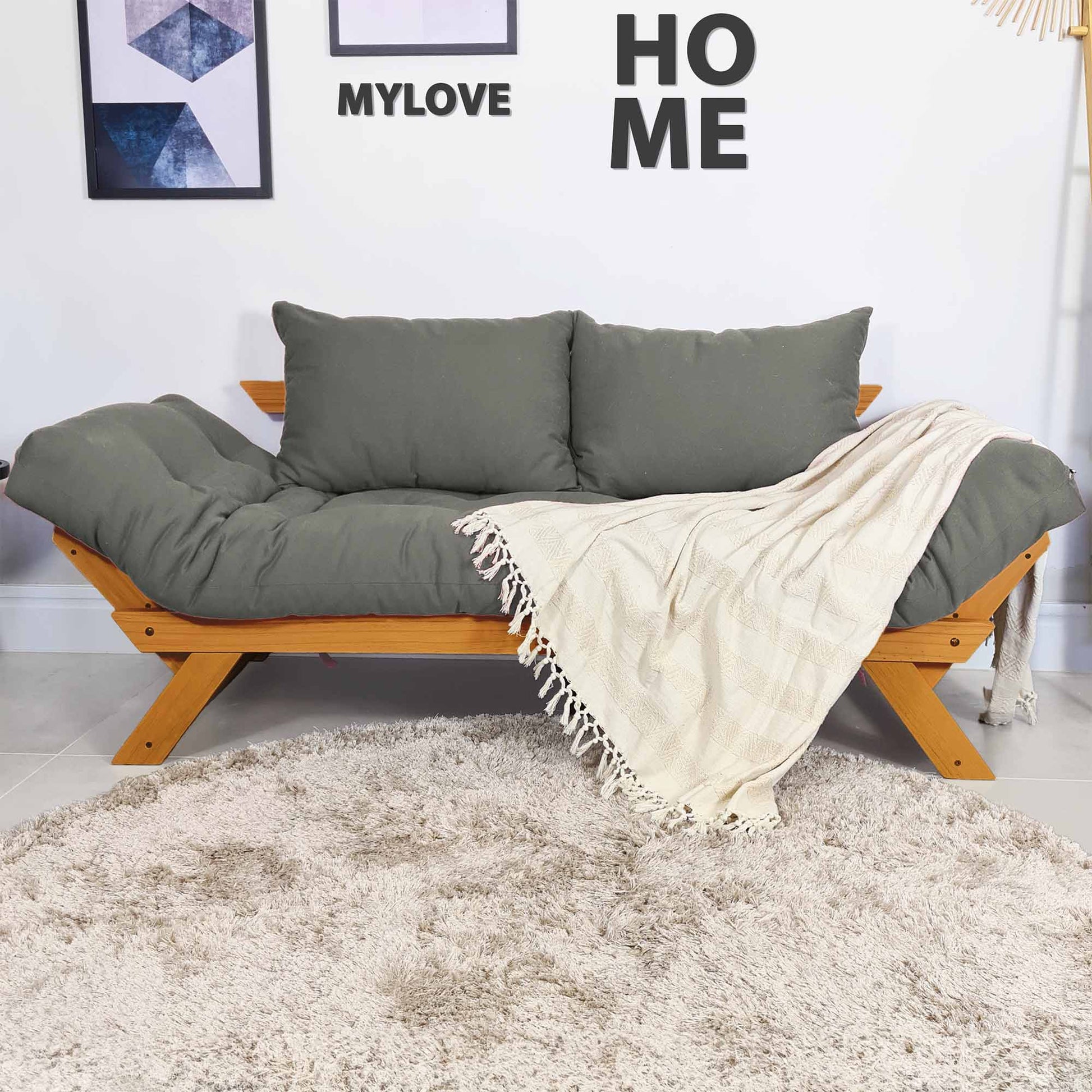 Sofá Japão Futon Sarja Madeira Cor Mel - Cinza