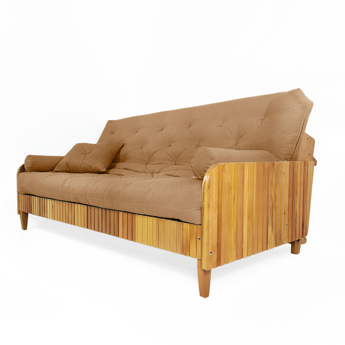 Sofá De Madeira Nobre Ripado Mel Futon Paris - Tecido Acquablock Cor Fendi