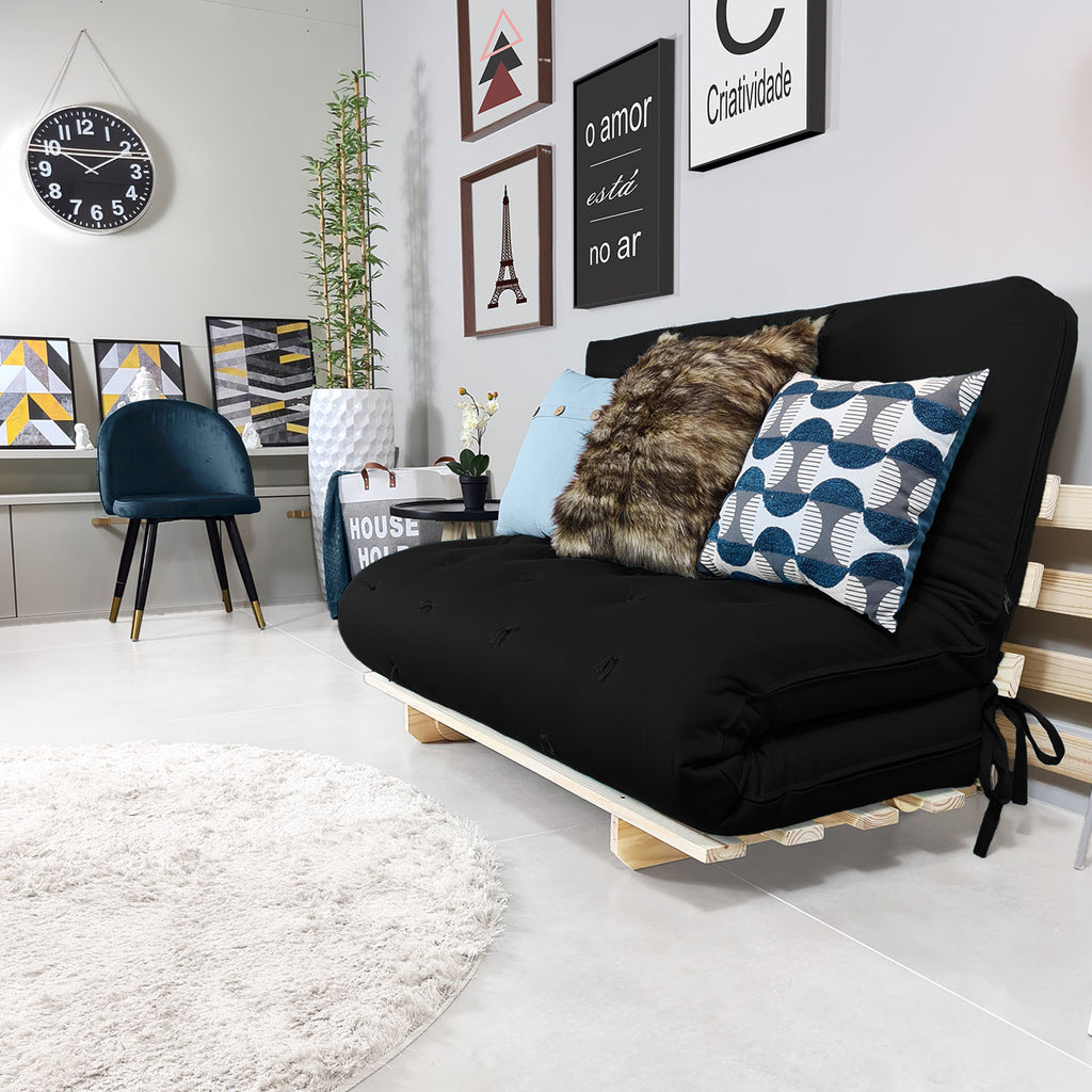 Sofa Cama Casal Futon Oriental Madeira Maciça Acquablock Preto