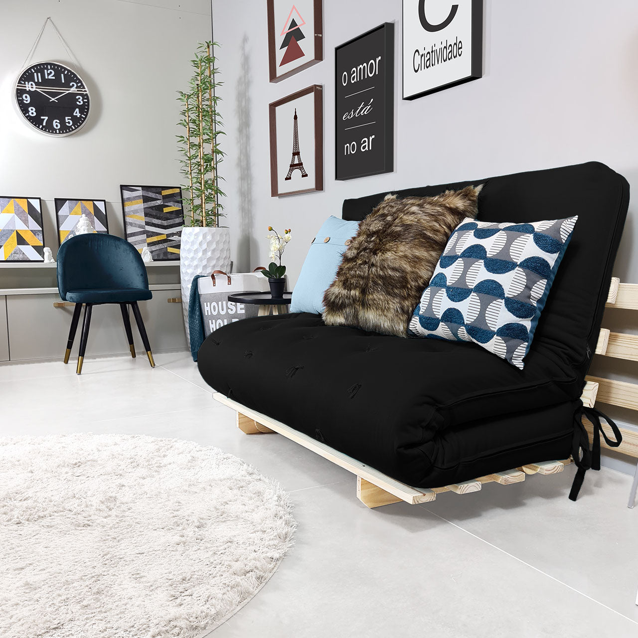 Sofa Cama Casal Futon Oriental Madeira Maciça Acquablock Preto