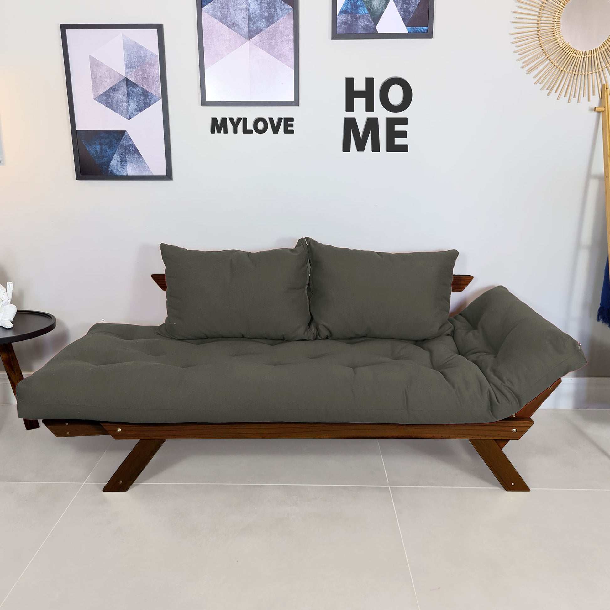 Sofá Japão Futon Sarja Madeira Cor Imbuia - Cinza