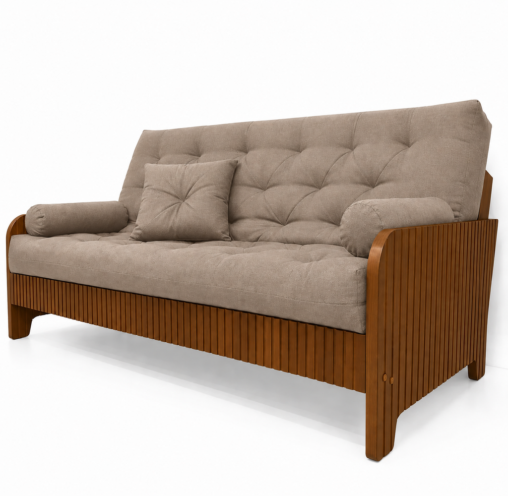 Sofá De Madeira Nobre Ripado Mel Futon New Paris D33 - Tecido Acquablock Cor fendi