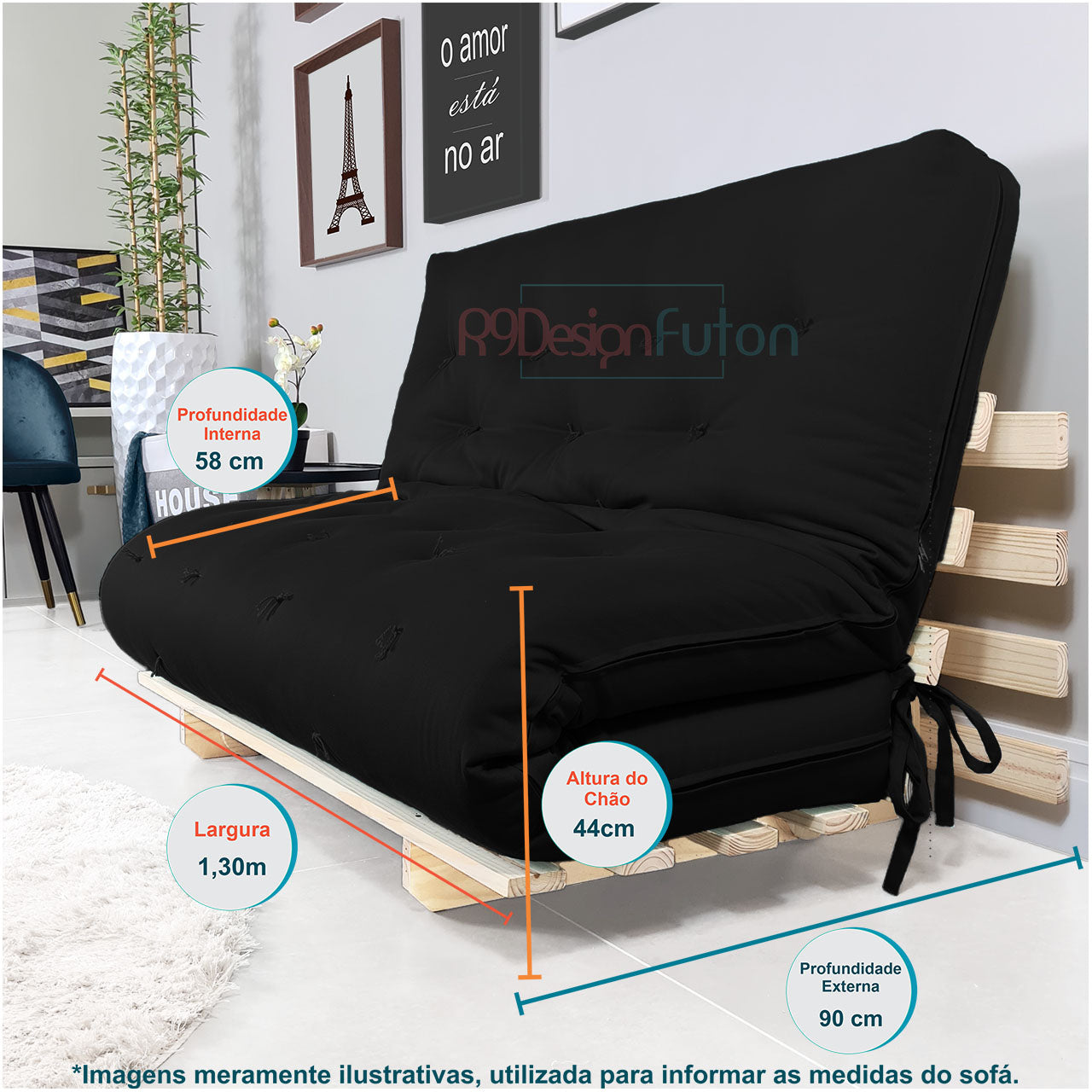 Sofa Cama Casal Futon Oriental Madeira Maciça Acquablock Preto