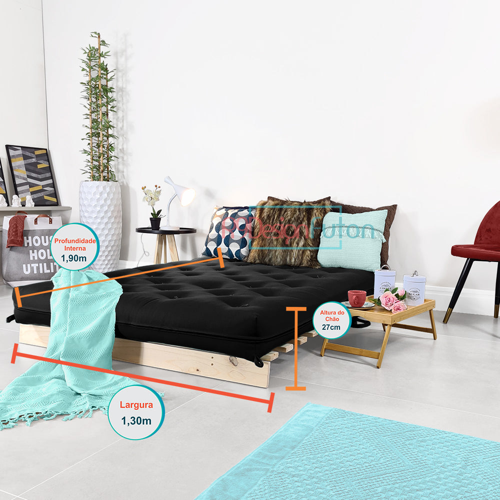 Sofa Cama Futon Casal Tokio Madeira Maciça Sarja Preto