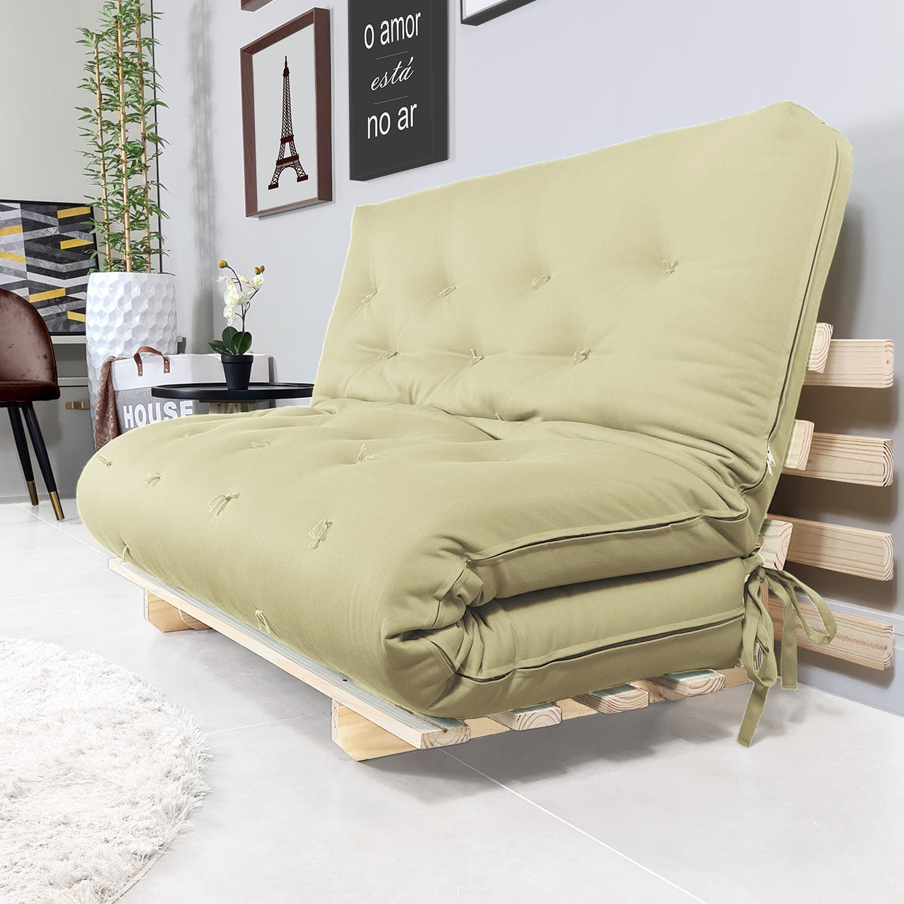 Sofa Cama Casal Futon Oriental D33 Com Madeira Maciça - Bege Claro