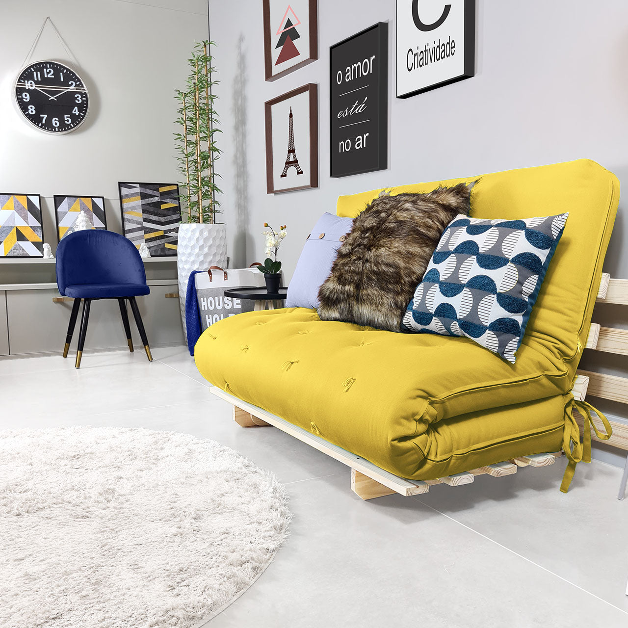 Sofa Cama Casal Futon Oriental Madeira Maciça Acquablock Amarelo