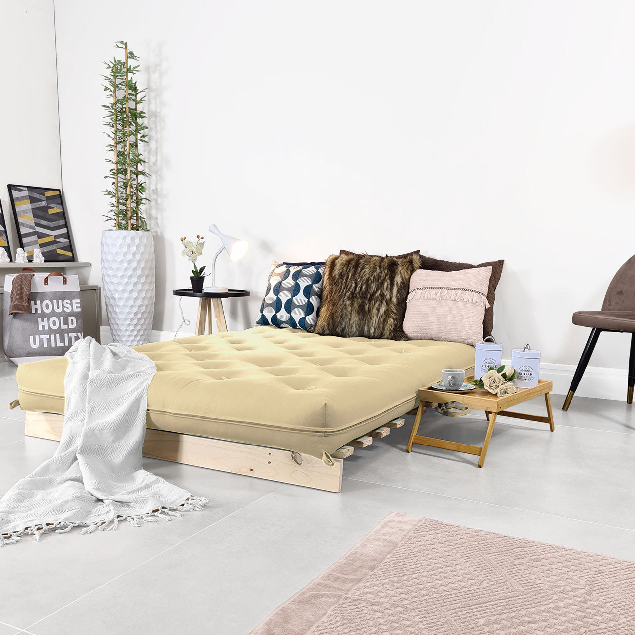 Sofa Cama Futon Casal Tokio Madeira Maciça Acquablock Bege