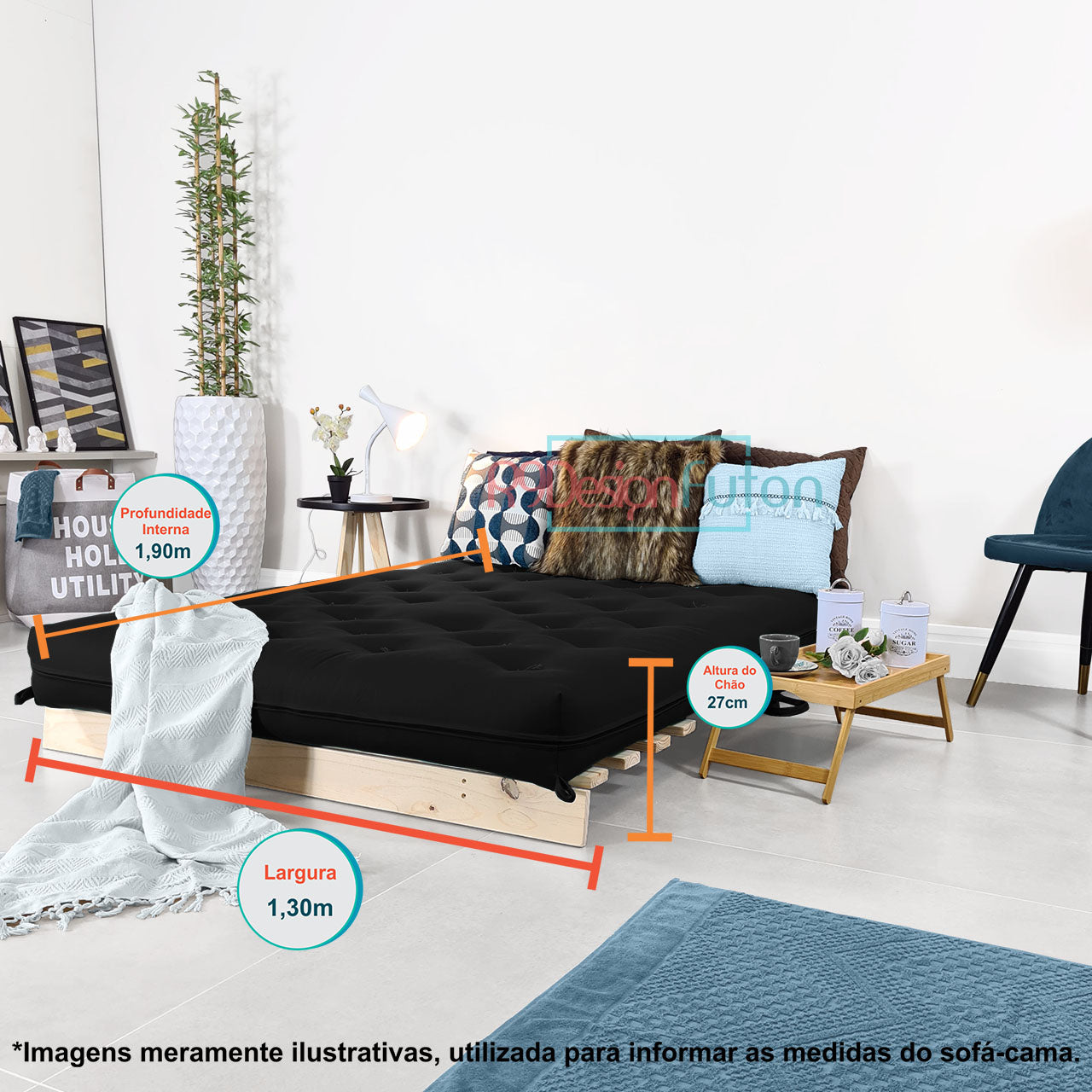 Sofa Cama Futon Casal Tokio Madeira Maciça Acquablock Preto