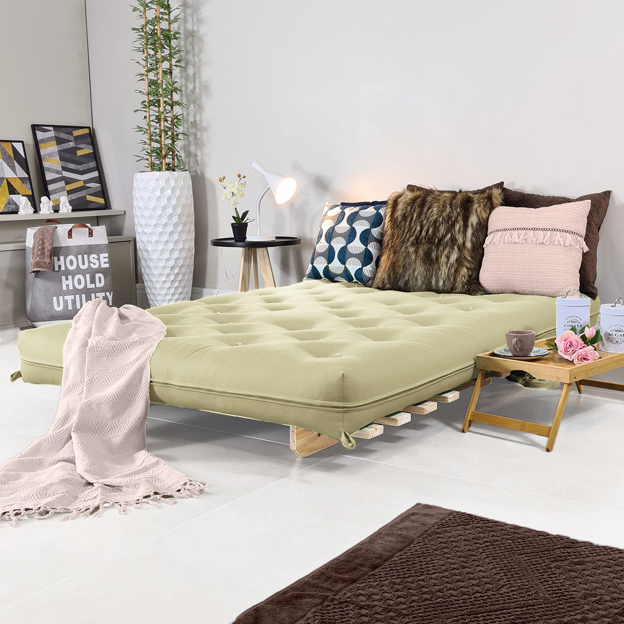 Sofa Cama Casal Futon Oriental D33 Com Madeira Maciça - Bege Claro