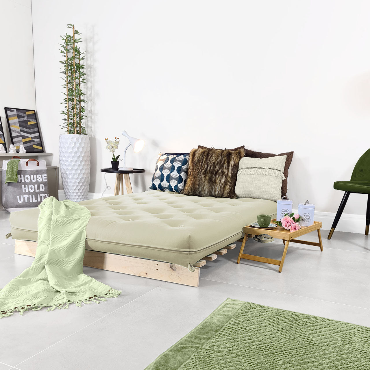 Sofá Cama Casal Futon Tokio D33 Madeira Pinus Natural - Bege Claro