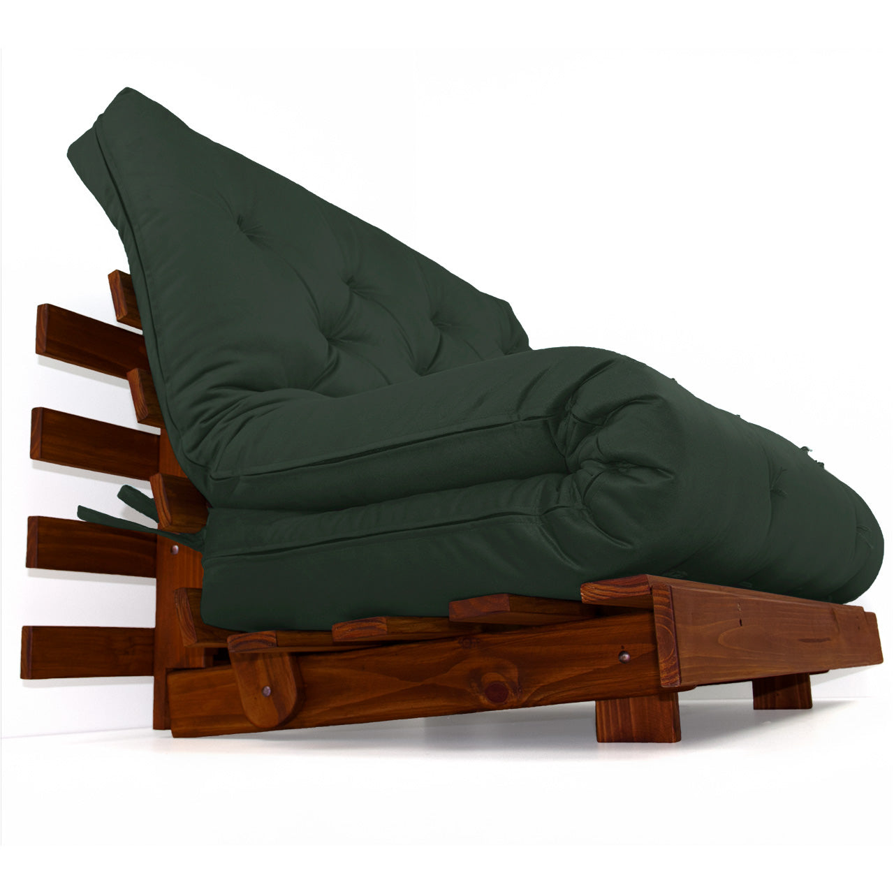 Sofá Cama Casal Futon Tokio D33 Madeira Maciça Cor Imbuia - Verde Militar