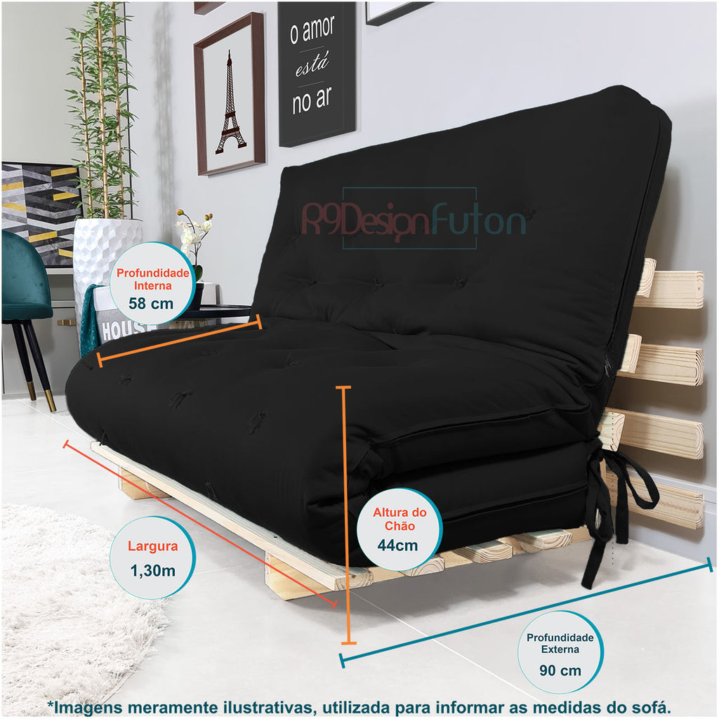 Sofa Cama Casal Futon Oriental D33 Com Madeira Maciça - Preto