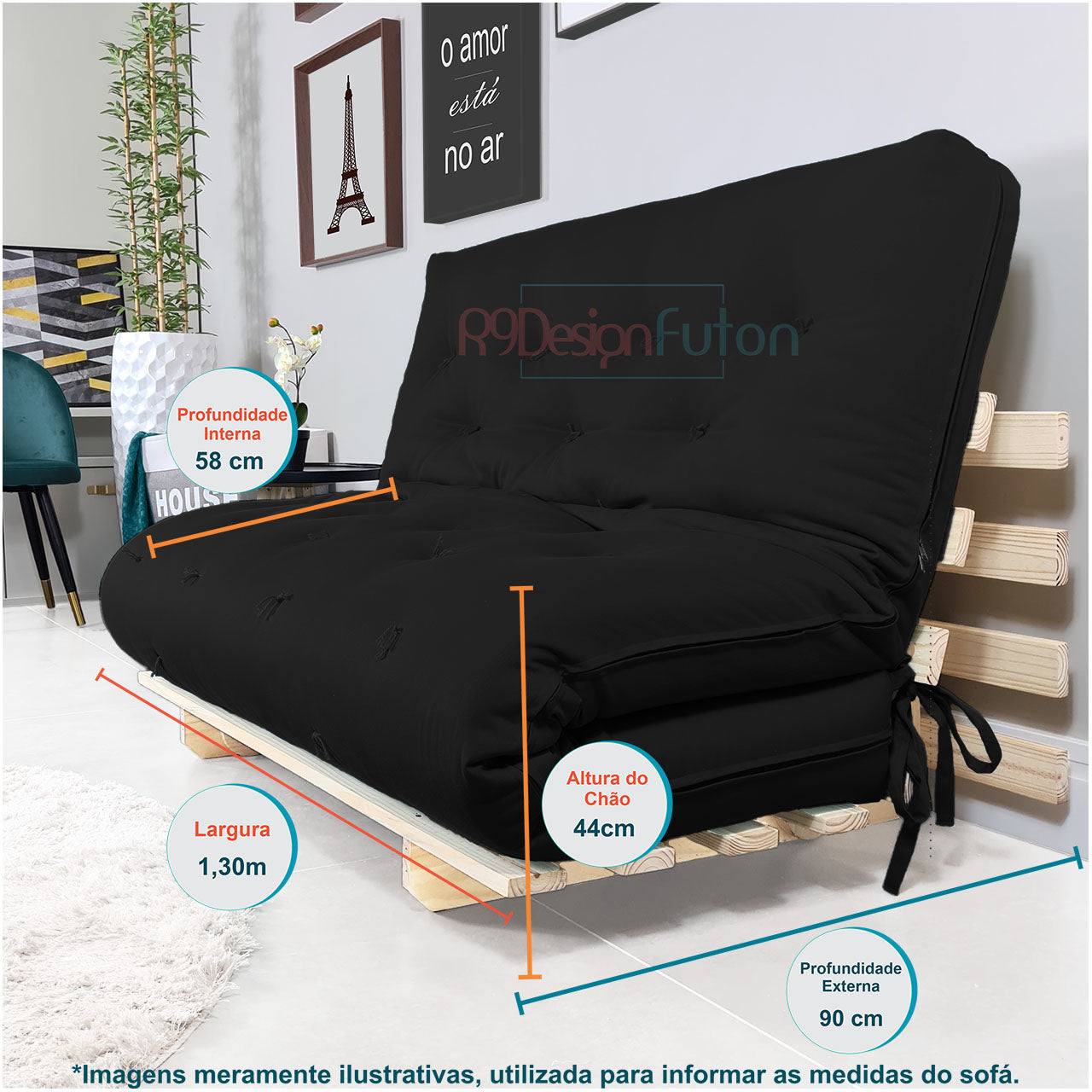 Sofa Cama Casal Futon Oriental D33 Com Madeira Maciça - Preto
