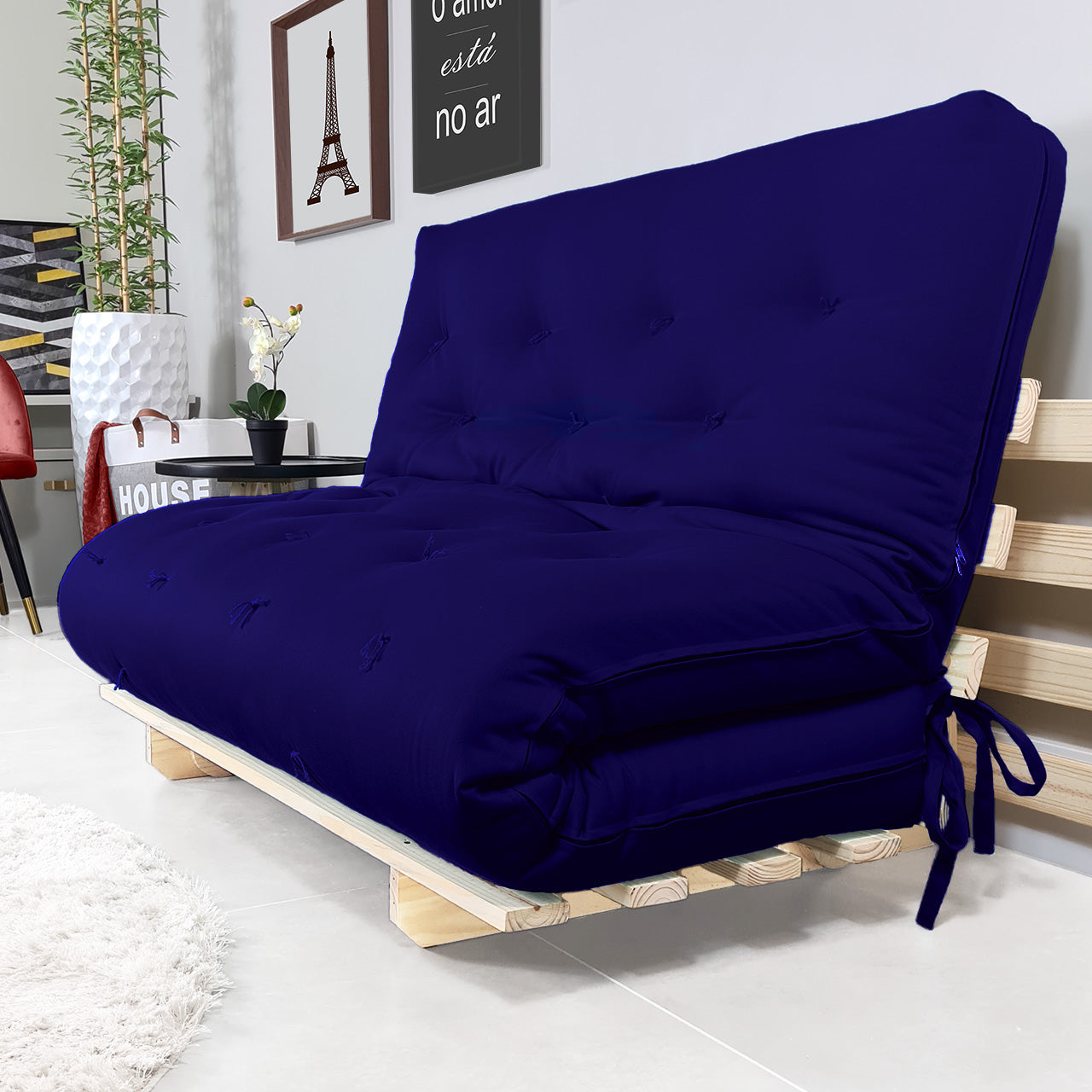 Sofa Cama Casal Futon Oriental Madeira Maciça Acquablock Azul Royal