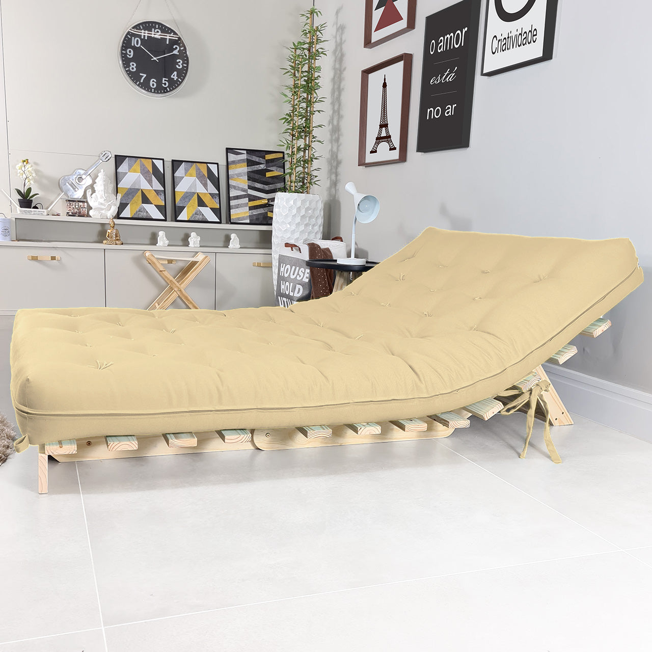 Sofa Cama Futon Casal Tokio Madeira Maciça Acquablock Bege