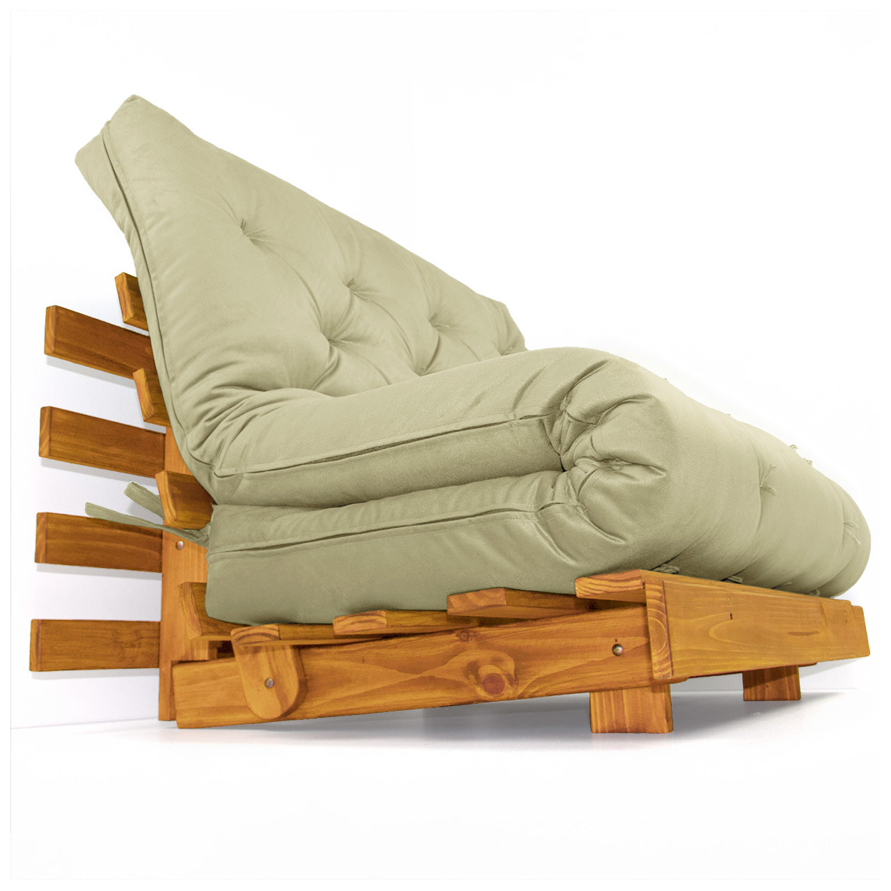 Sofá Cama Casal Futon Tokio Madeira Cor Mel Sarja Bege