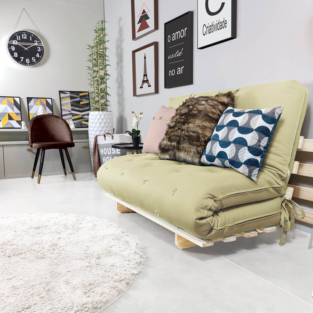 Sofa Cama Casal Futon Oriental  Madeira Maciça Sarja Bege