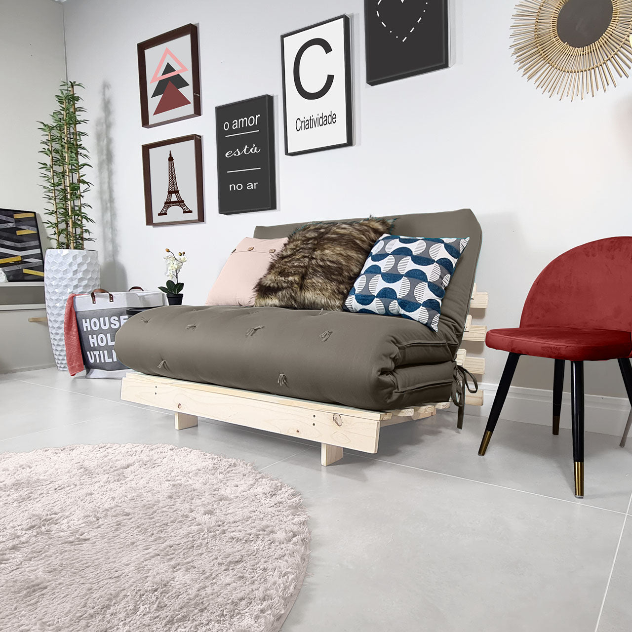Sofá Cama Casal Futon Tokio D33 Madeira Pinus Natural - Cinza