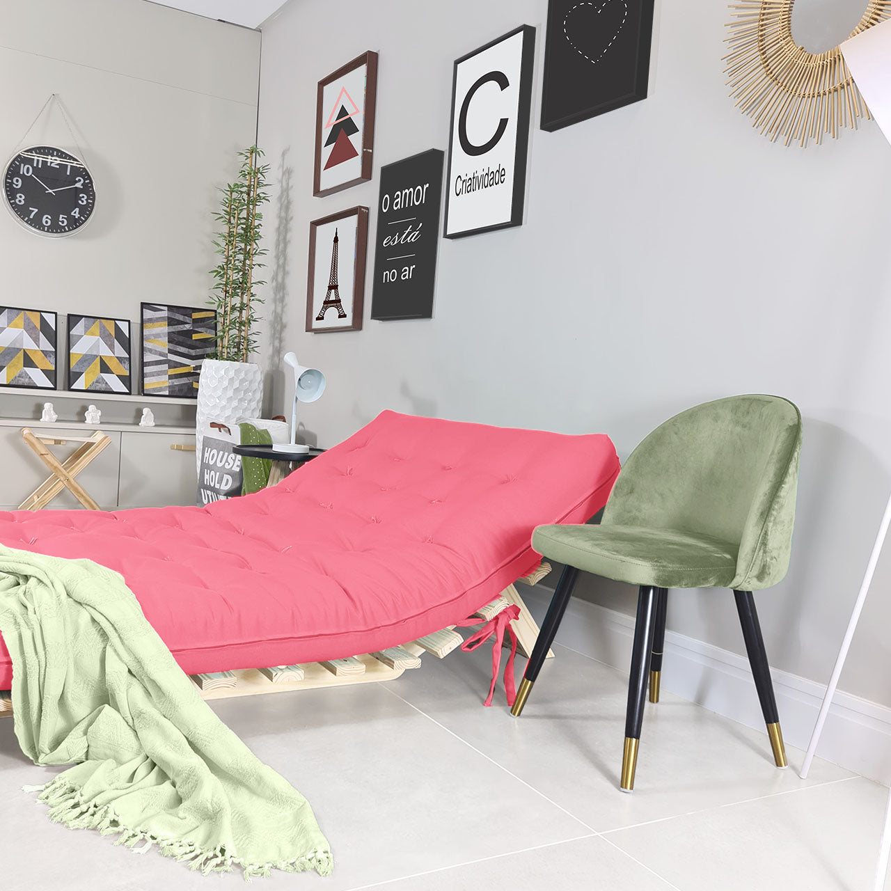 Sofa Cama Futon Casal Tokio Madeira Maciça Sarja Goiaba