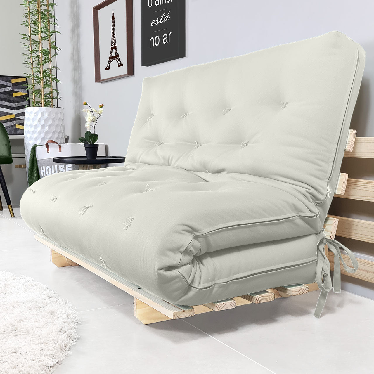 Sofa Cama Casal Futon Oriental  Madeira Maciça Acquablock Branco Off