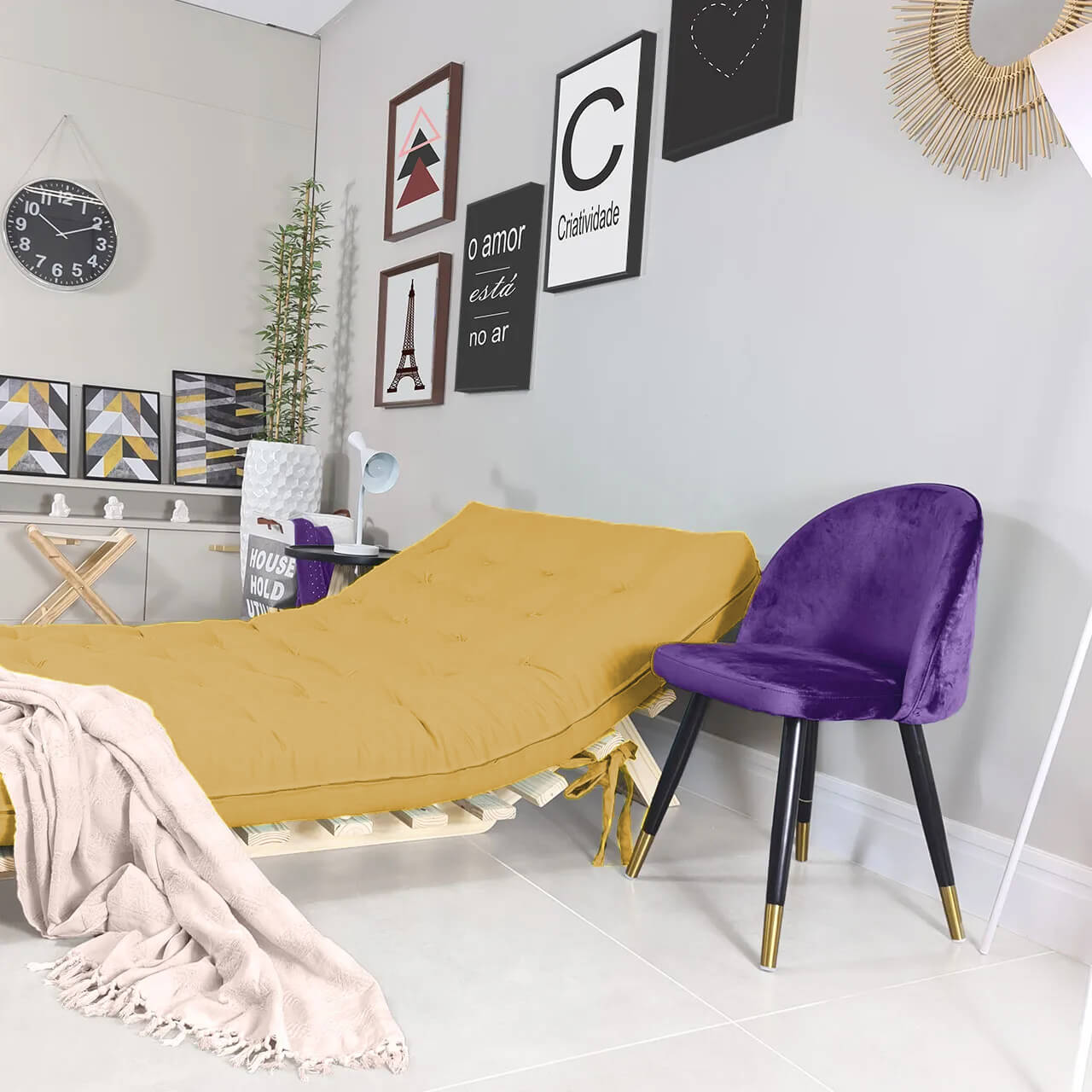 Sofa Cama Futon Casal Tokio Madeira Maciça Acquablock Amarelo